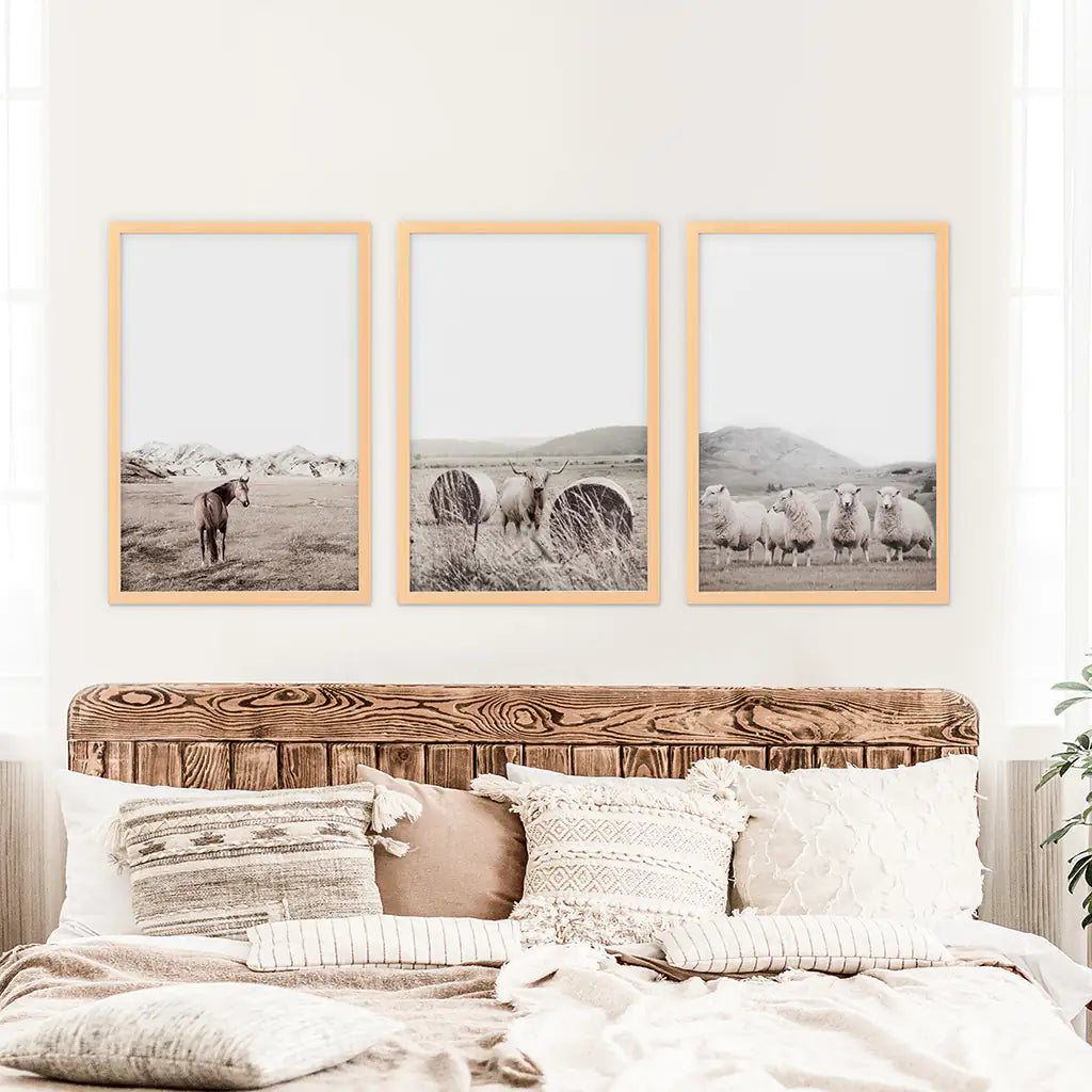 Autumn Country Poster Set of 3. Horses, Sheep, Bull near the Haystacks on the Field. Wood Frames