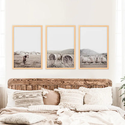 Autumn Country Poster Set of 3. Horses, Sheep, Bull near the Haystacks on the Field. Wood Frames