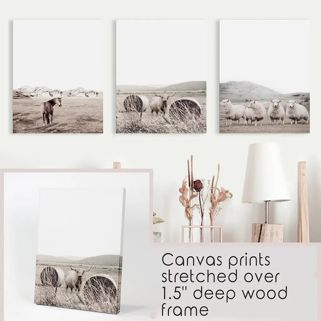 Autumn Country Poster Set of 3. Horses, Sheep, Bull near the Haystacks on the Field. Stretched Canvas