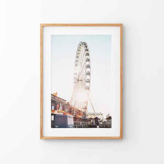 Ferris Wheel Wall Decor. Summer Beach Style. Thin Wood Frame with Mat