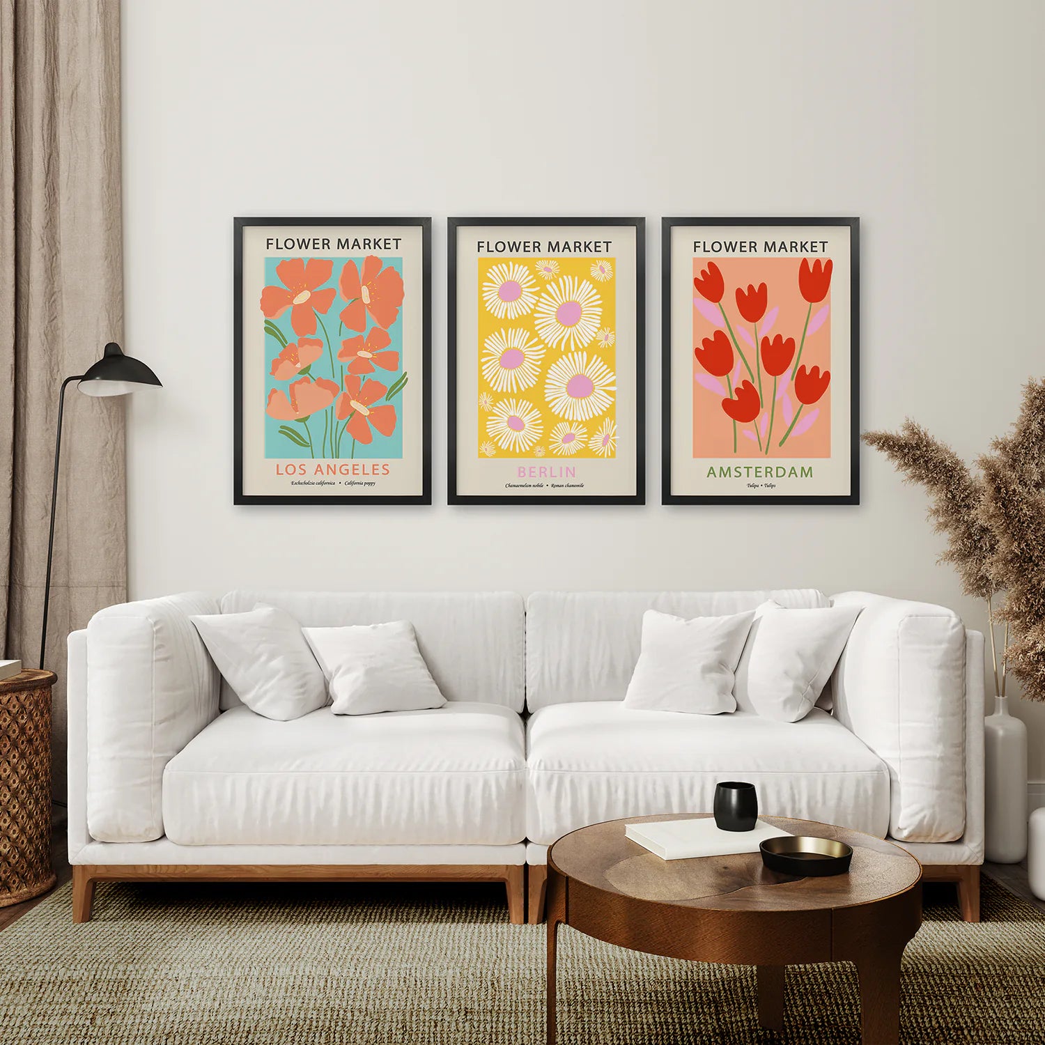 3 Piece Botanical Boho Art Set. Flower Market Theme. Black Frame. Living Room