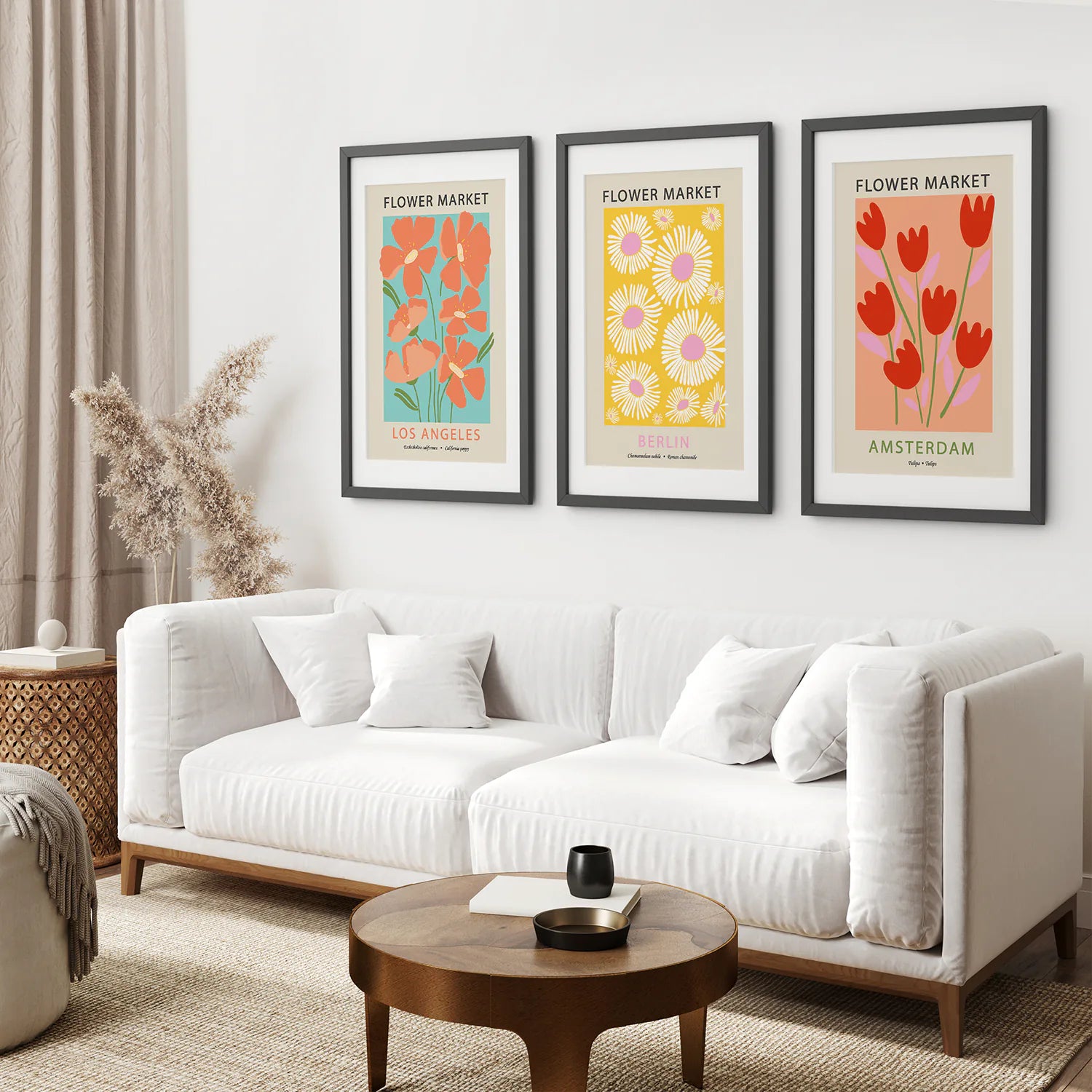 3 Piece Botanical Boho Art Set. Flower Market Theme. Black Frame with Mat. Living Room