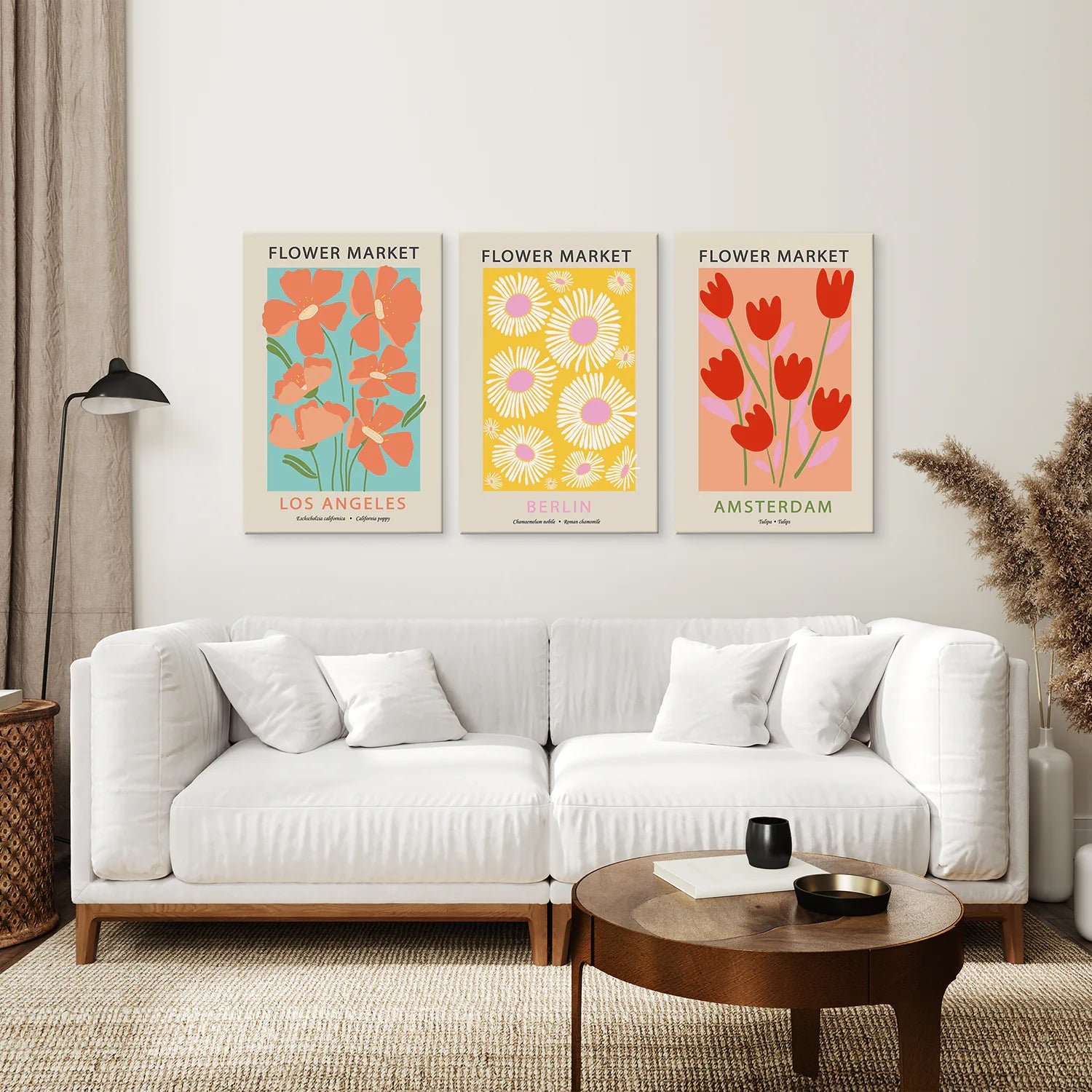 3 Piece Botanical Boho Art Set. Flower Market Theme. Canvas Print. Living Room