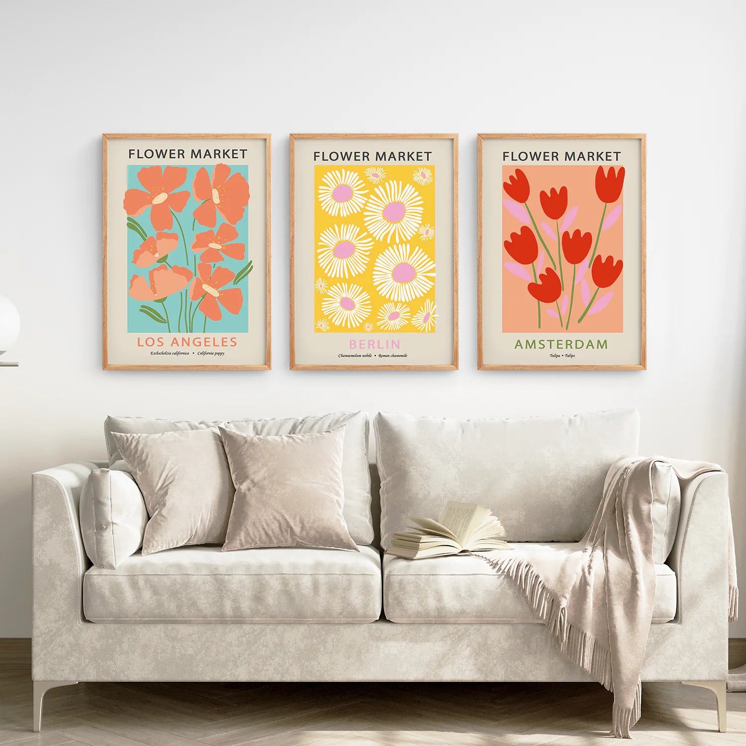 3 Piece Botanical Boho Art Set. Flower Market Theme. Thinwood Frame. Living Room
