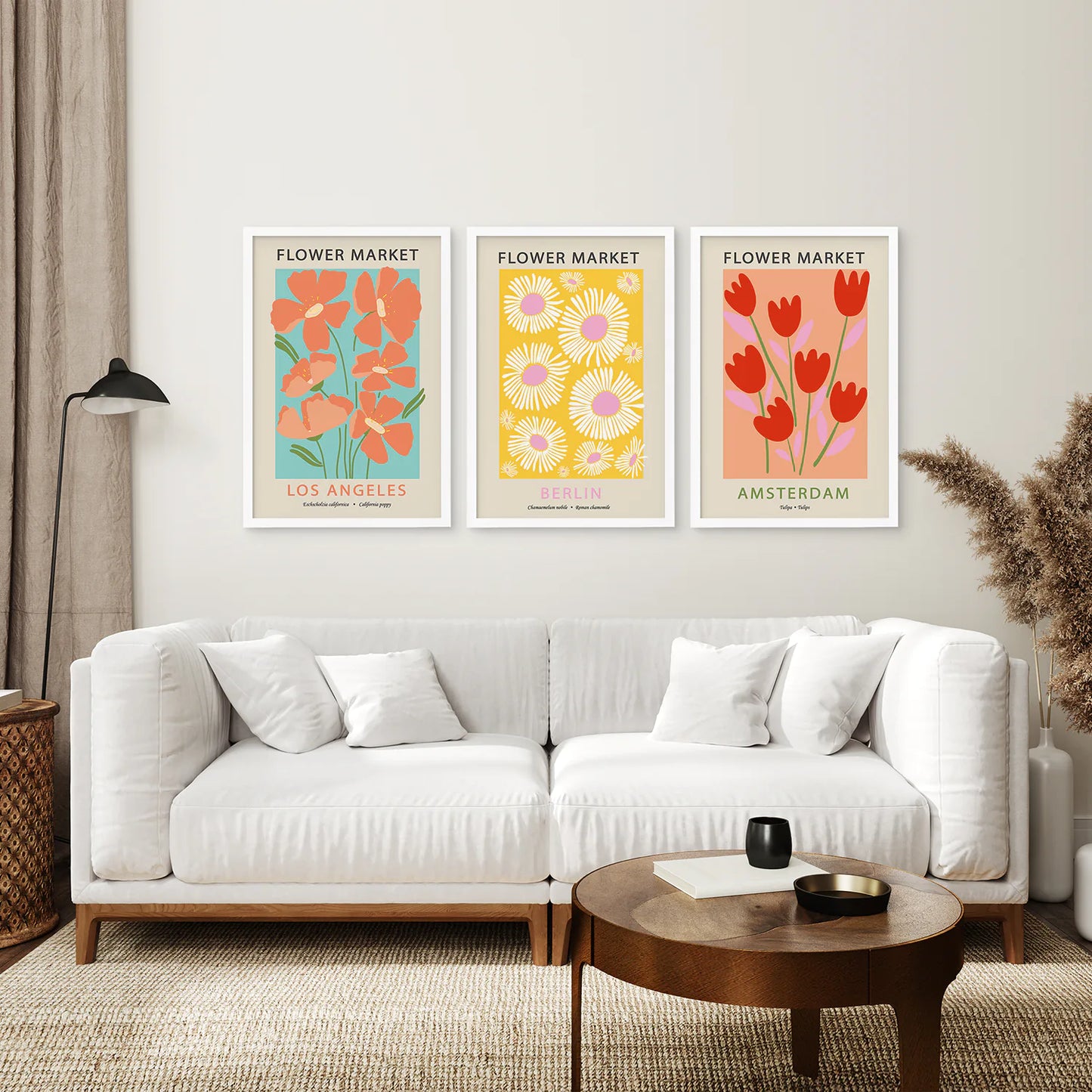 3 Piece Botanical Boho Art Set. Flower Market Theme. White Frame. Living Room