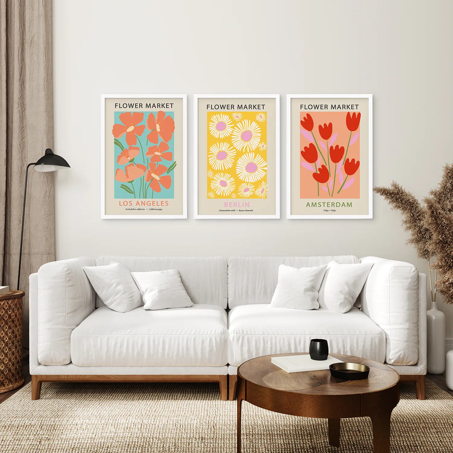 3 Piece Botanical Boho Art Set. Flower Market Theme. White Frame. Living Room