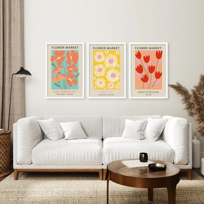 3 Piece Botanical Boho Art Set. Flower Market Theme. White Frame. Living Room