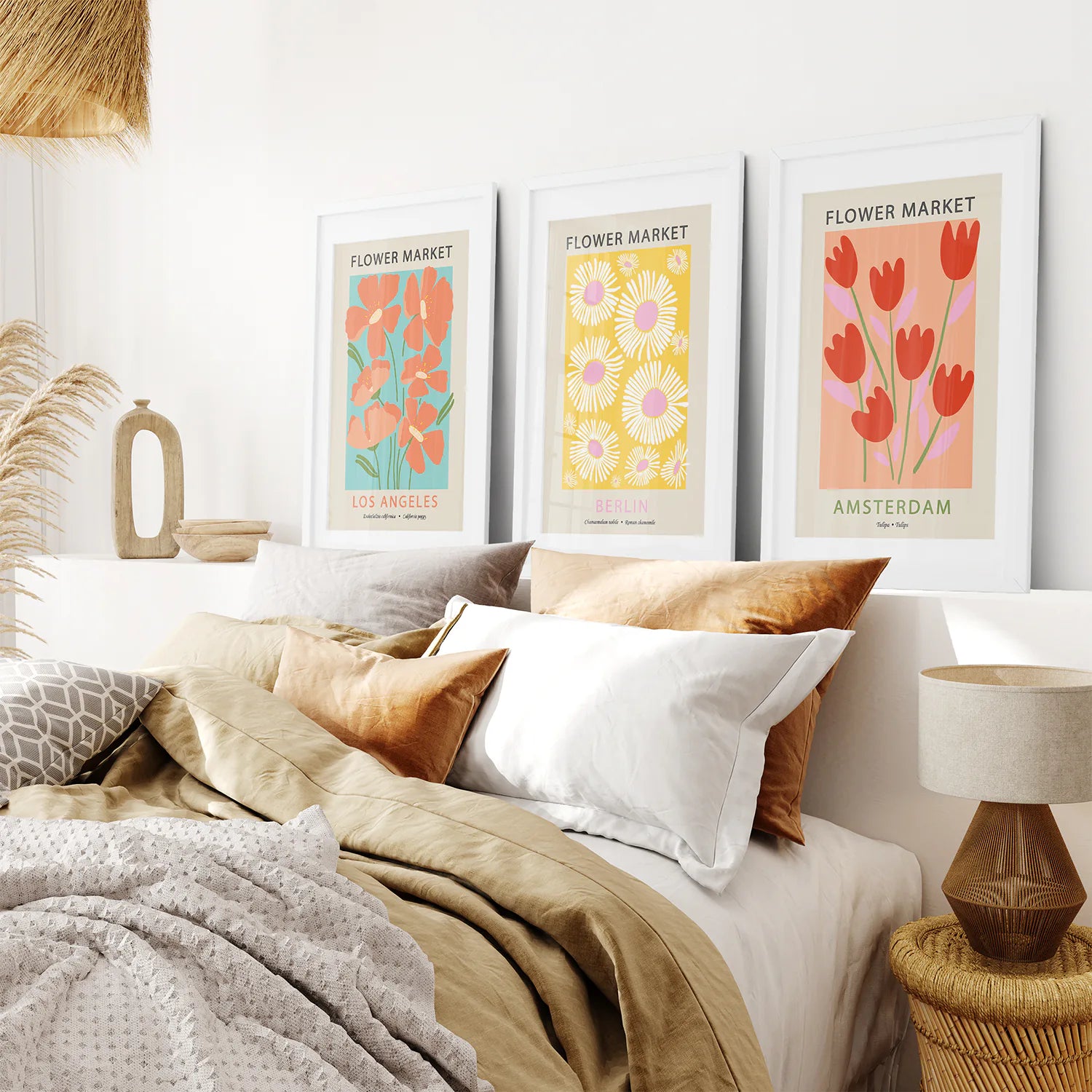 3 Piece Botanical Boho Art Set. Flower Market Theme. White Frame with Mat. Bedroom