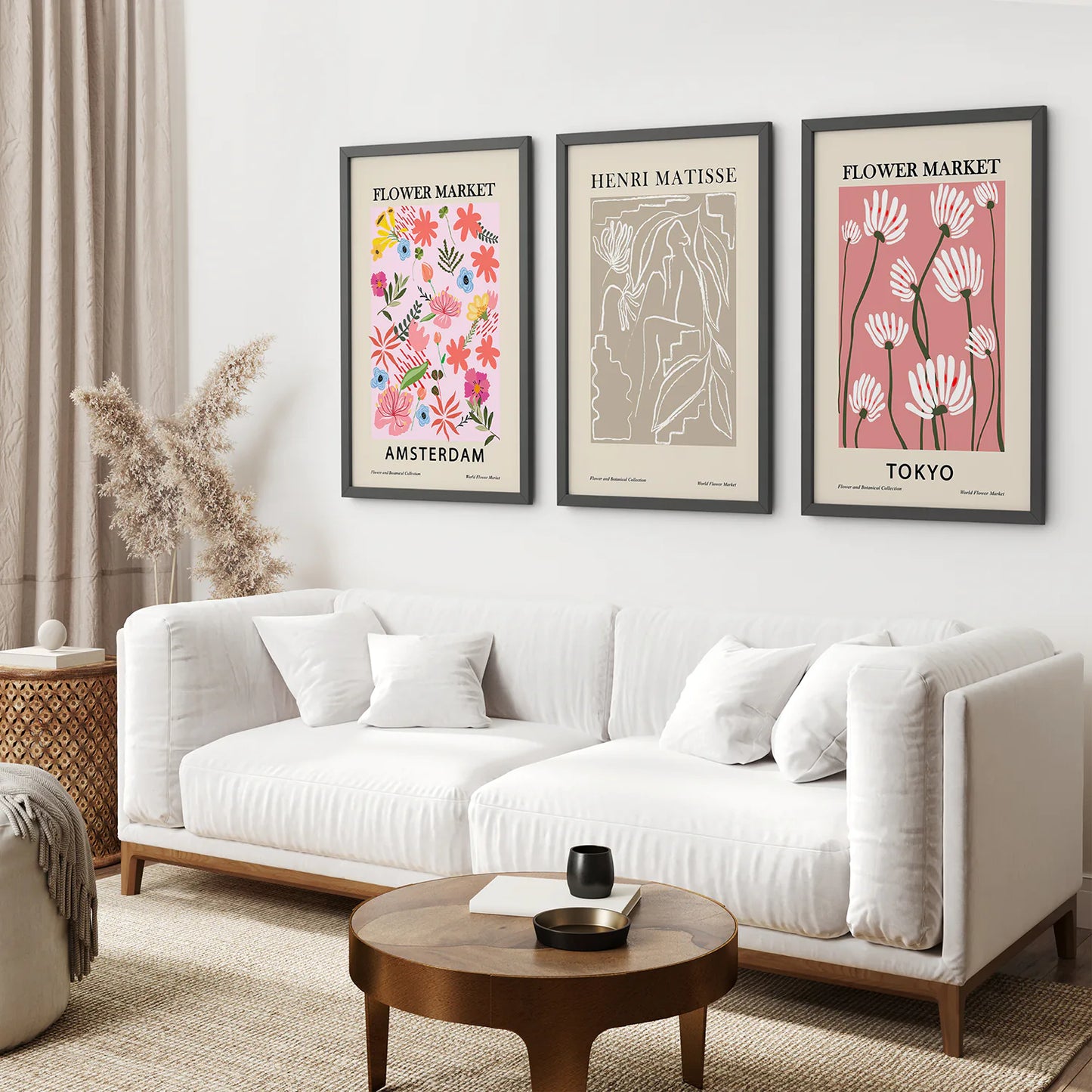 Pink and Beige Flower Market Set of 3 Prints. Retro Style. Black Frame. Living Room