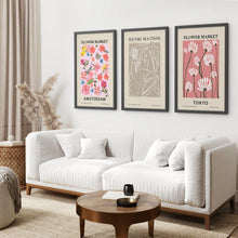 Load image into Gallery viewer, Pink and Beige Flower Market Set of 3 Prints. Retro Style. Black Frame. Living Room
