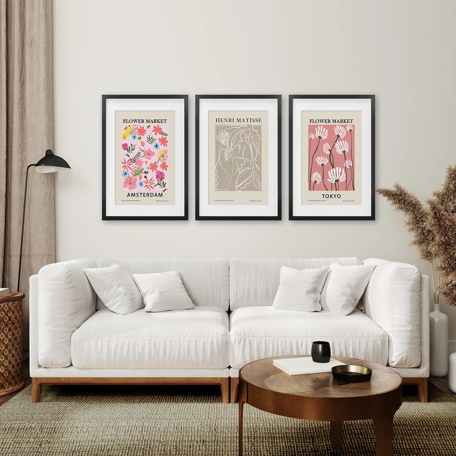 Pink and Beige Flower Market Set of 3 Prints. Retro Style. Black Frame with Mat. Living Room