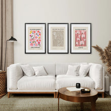 Load image into Gallery viewer, Pink and Beige Flower Market Set of 3 Prints. Retro Style. Black Frame with Mat. Living Room
