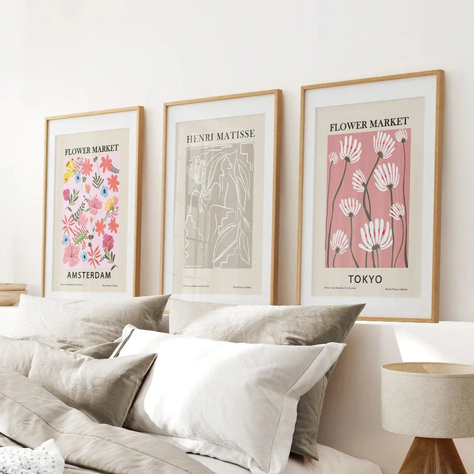 Pink and Beige Flower Market Set of 3 Prints. Retro Style. Thinwood Frame with Mat. Bedroom
