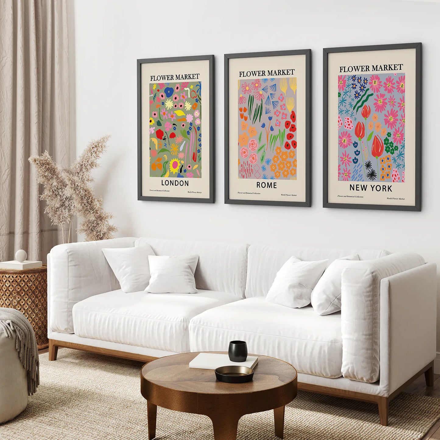 Boho Flower Market Set of 3 Posters. New York, London, Rome. Black Frame. Living Room