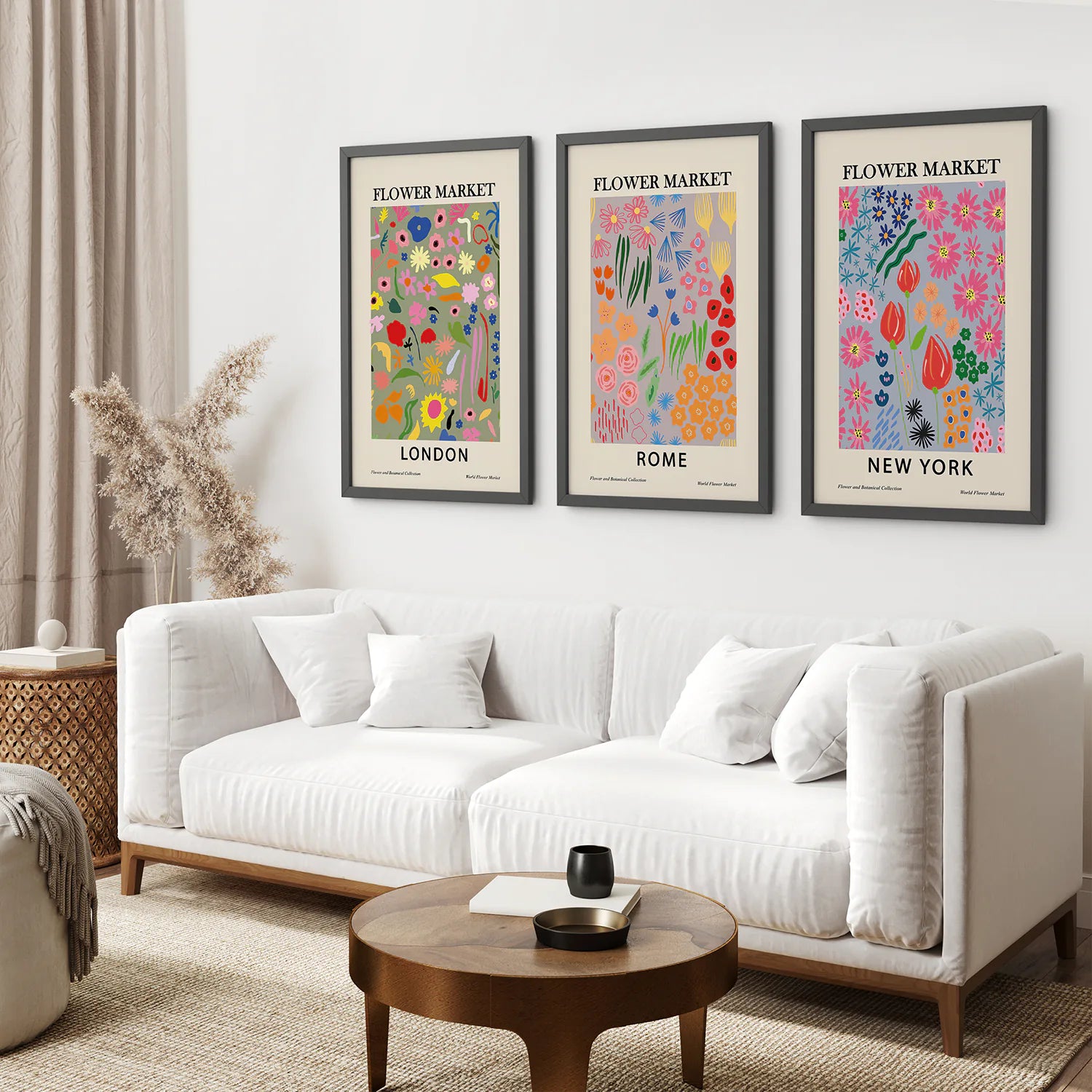 Boho Flower Market Set of 3 Posters. New York, London, Rome. Black Frame. Living Room