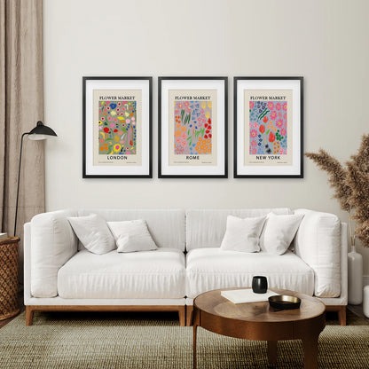 Boho Flower Market Set of 3 Posters. New York, London, Rome. Black Frame with Mat. Living Room