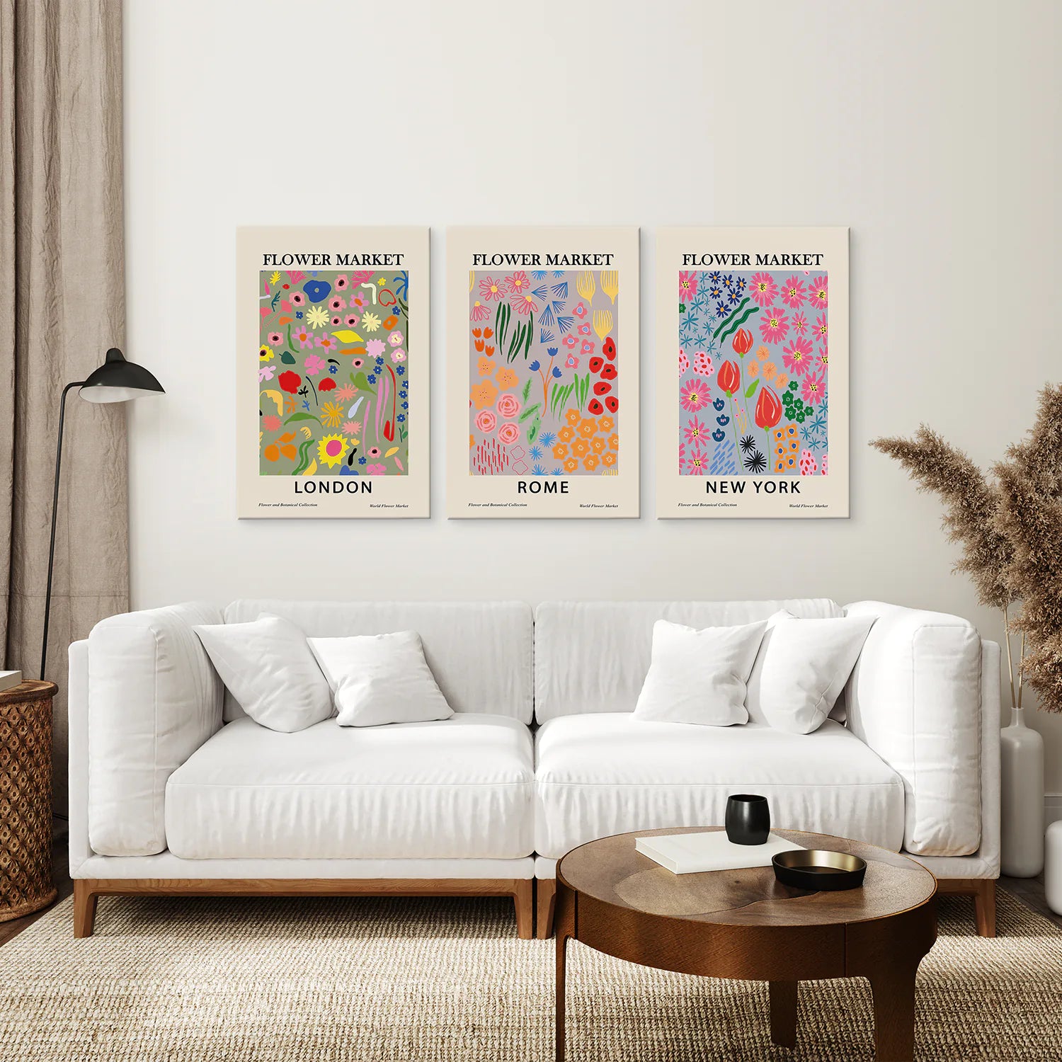 Boho Flower Market Set of 3 Posters. New York, London, Rome. Canvas Print. Living Room