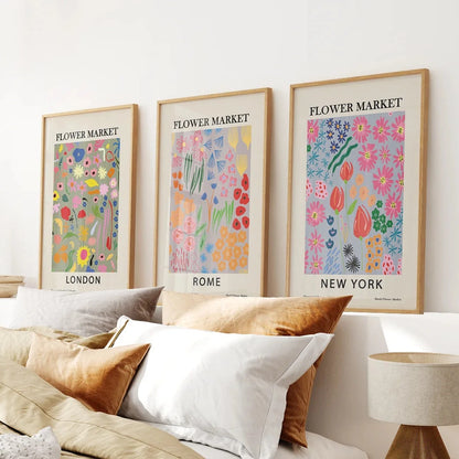 Boho Flower Market Set of 3 Posters. New York, London, Rome. Thinwood Frame. Bedroom