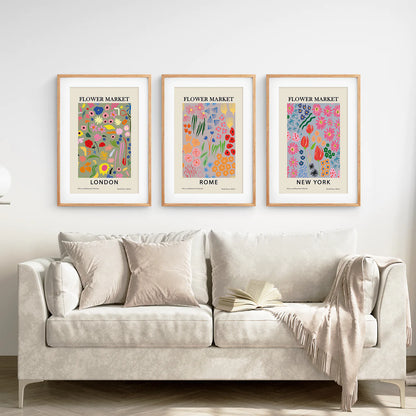 Boho Flower Market Set of 3 Posters. New York, London, Rome. Thinwood Frame with Mat. Living Room