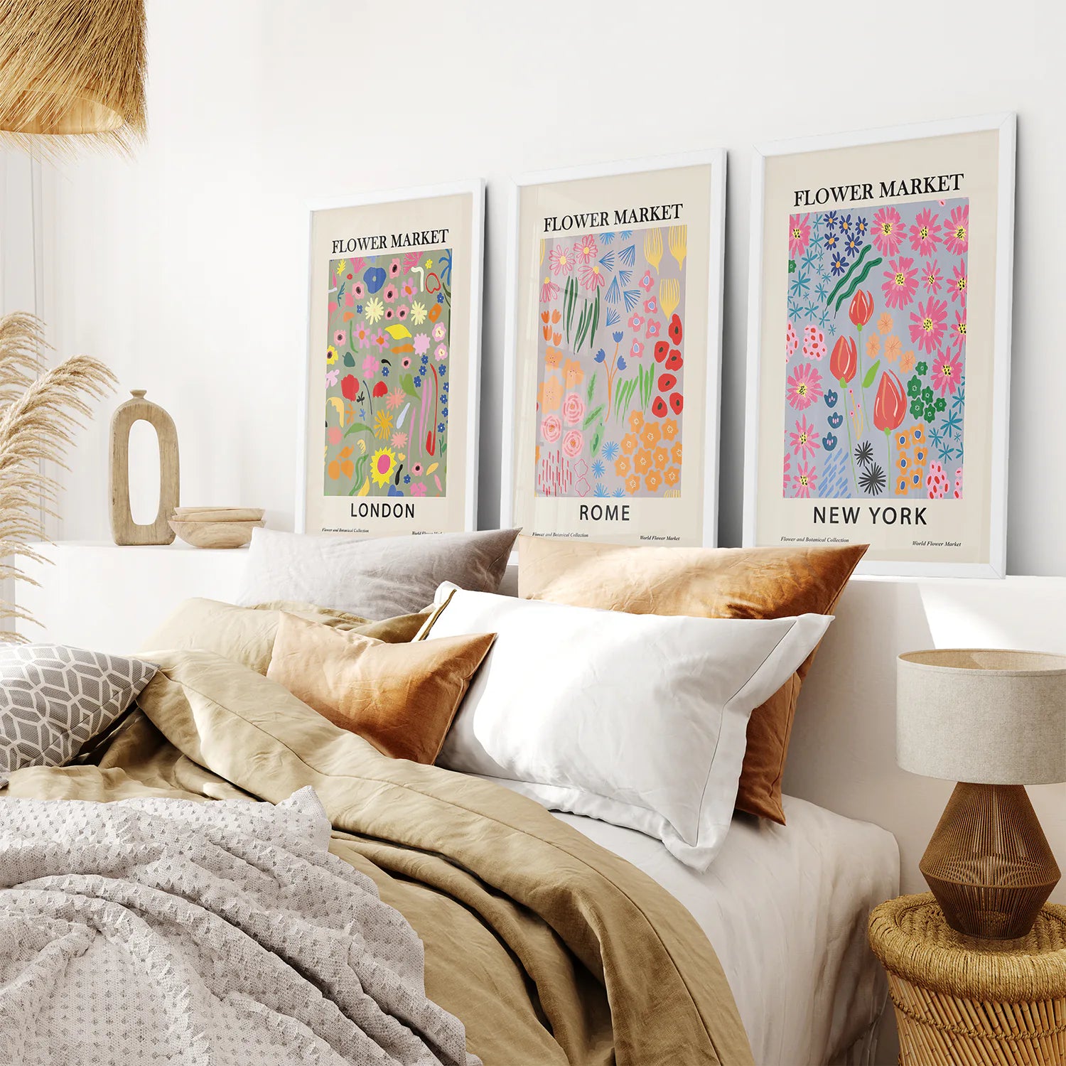 Boho Flower Market Set of 3 Posters. New York, London, Rome. White Frame. Bedroom