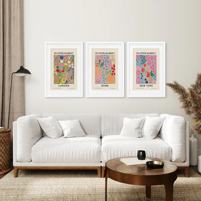 Boho Flower Market Set of 3 Posters. New York, London, Rome. White Frame with Mat. Living Room