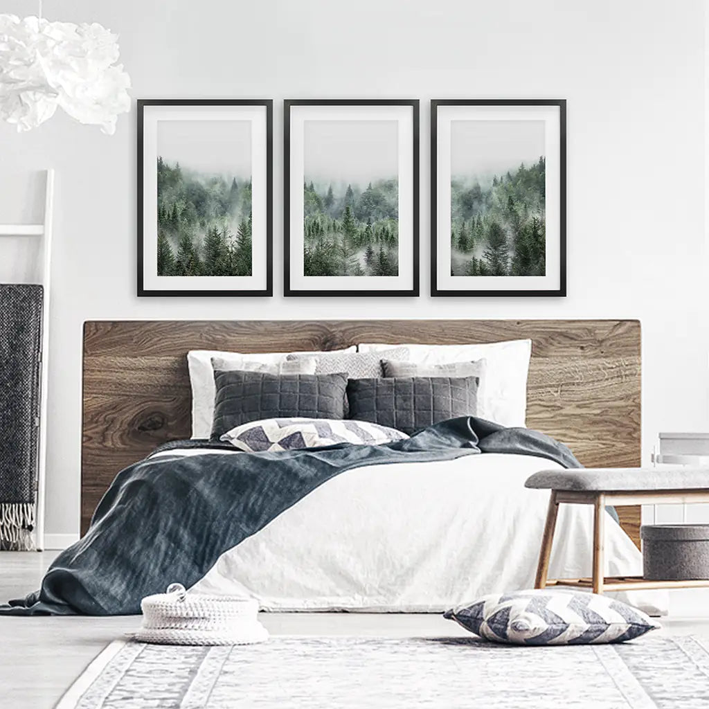 Minimalist Set of 3 Green Misty Mountain Forest Prints