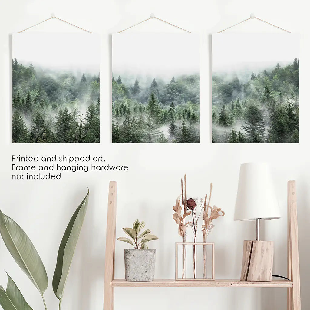 Minimalist Set of 3 Green Misty Mountain Forest Prints