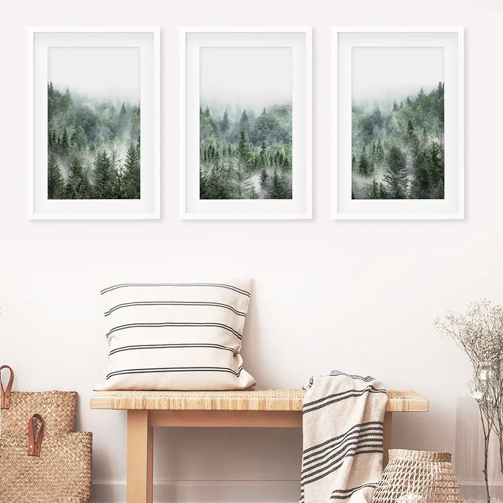 Minimalist Set of 3 Green Misty Mountain Forest Prints