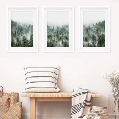 Minimalist Set of 3 Green Misty Mountain Forest Prints