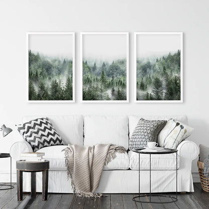 Minimalist Set of 3 Green Misty Mountain Forest Prints