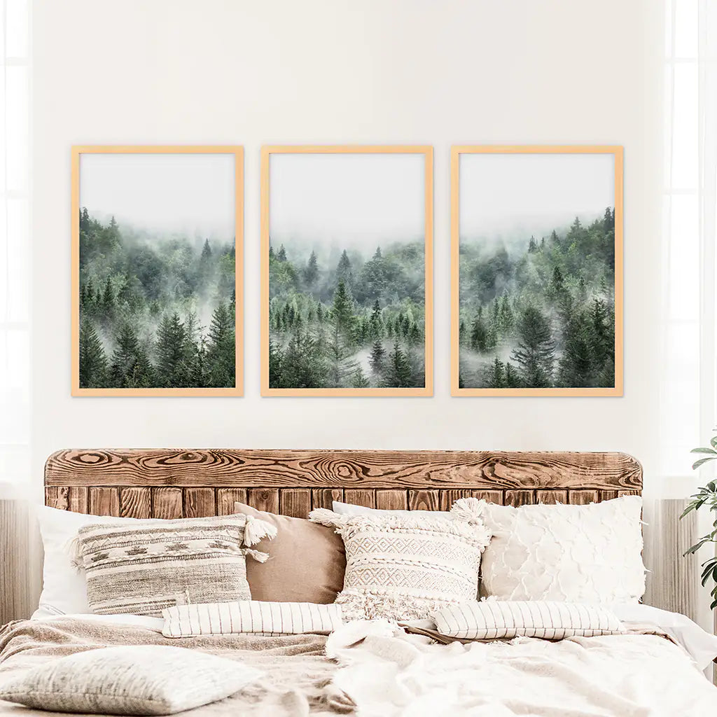 Minimalist Set of 3 Green Misty Mountain Forest Prints