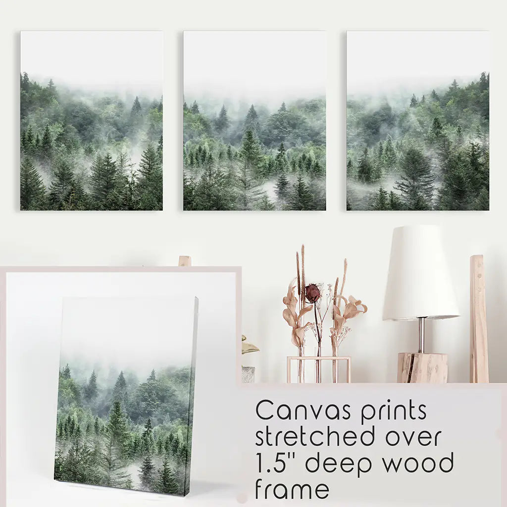 Minimalist Set of 3 Green Misty Mountain Forest Prints