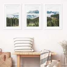 Load image into Gallery viewer, 3 Piece Wall Art. Green Pine Tree Forest in Blue Mountains. White Frames with Mat
