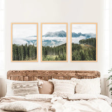 Load image into Gallery viewer, 3 Piece Wall Art. Green Pine Tree Forest in Blue Mountains. Wood Frames

