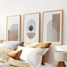 Load image into Gallery viewer, Geometric Abstract Arches Set of 3 Pieces. Black and Beige. Thinwood Frame with Mat. Bedroom
