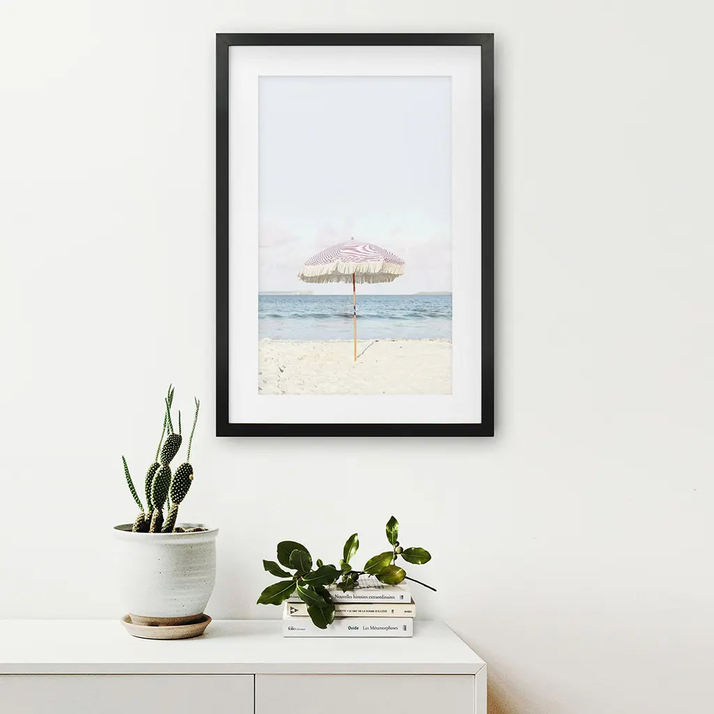 Girl's Nursery Wall Decor. Pink Umbrella, Blue Ocean. Black Frame with Mat