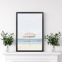 Load image into Gallery viewer, Girl&#39;s Nursery Wall Decor. Pink Umbrella, Blue Ocean. Black Frame
