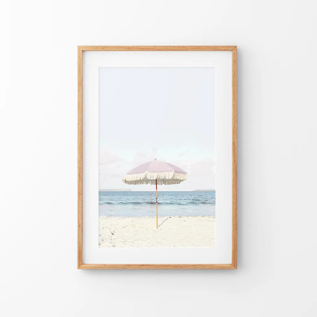 Girl's Nursery Wall Decor. Pink Umbrella, Blue Ocean. Thin Wood Frame with Mat