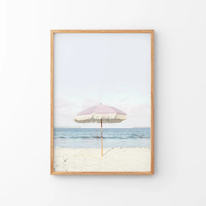 Girl's Nursery Wall Decor. Pink Umbrella, Blue Ocean. Thin Wood Frame