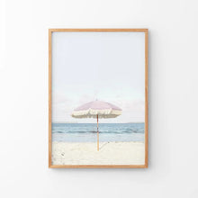 Load image into Gallery viewer, Girl&#39;s Nursery Wall Decor. Pink Umbrella, Blue Ocean. Thin Wood Frame
