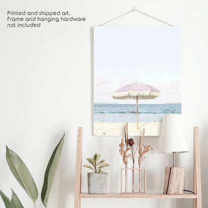 Girl's Nursery Wall Decor. Pink Umbrella, Blue Ocean. Unframed Print