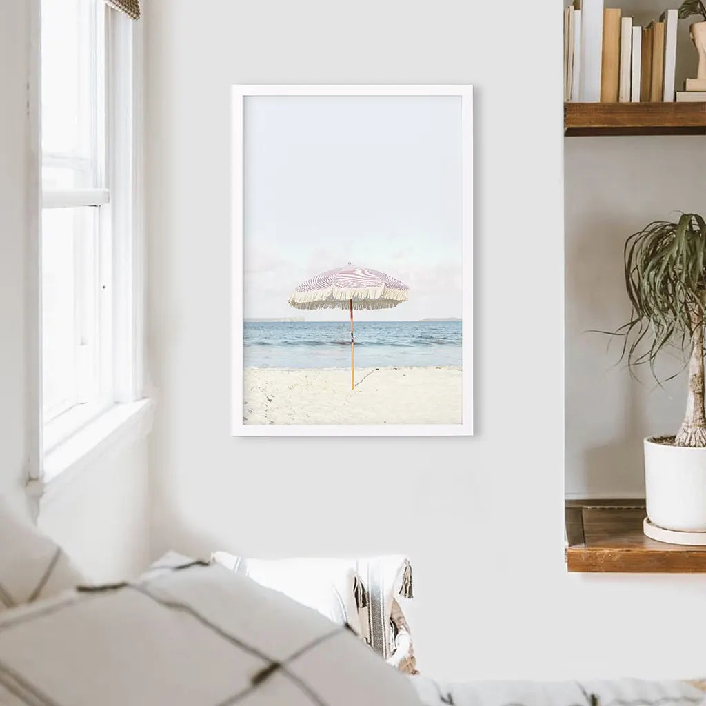 Girl's Nursery Wall Decor. Pink Umbrella, Blue Ocean. White Frame