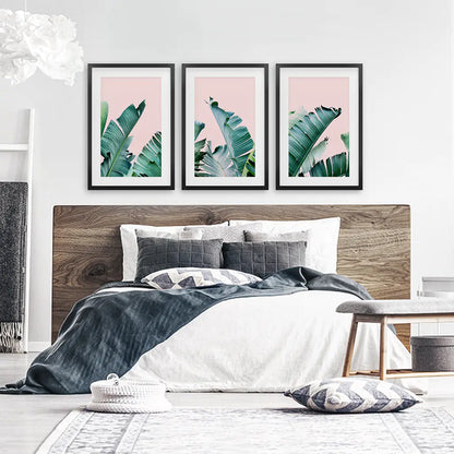 3 Piece Tropical Set. Green Banana Leaf and Pink. Black Frames with Mat