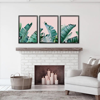 3 Piece Tropical Set. Green Banana Leaf and Pink. Black Frames