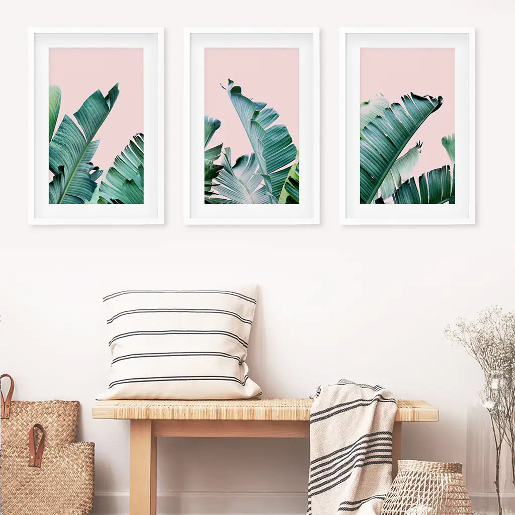 3 Piece Tropical Set. Green Banana Leaf and Pink. White Frames with Mat