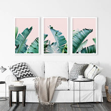 Load image into Gallery viewer, 3 Piece Tropical Set. Green Banana Leaf and Pink. White Frames
