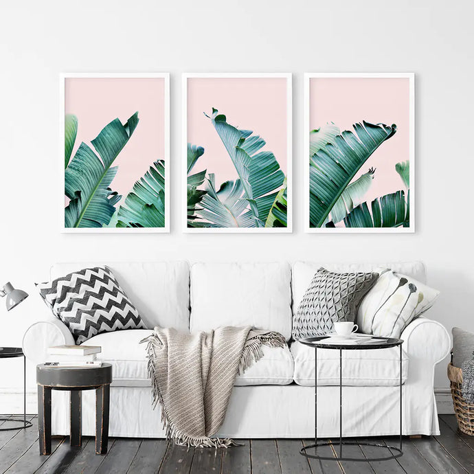 3 Piece Tropical Set. Green Banana Leaf and Pink. White Frames