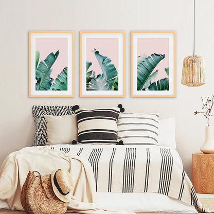 3 Piece Tropical Set. Green Banana Leaf and Pink. Wood Frames with Mat