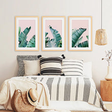 Load image into Gallery viewer, 3 Piece Tropical Set. Green Banana Leaf and Pink. Wood Frames with Mat
