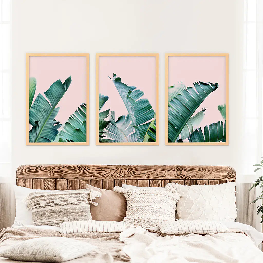 3 Piece Tropical Set. Green Banana Leaf and Pink. Wood Frames